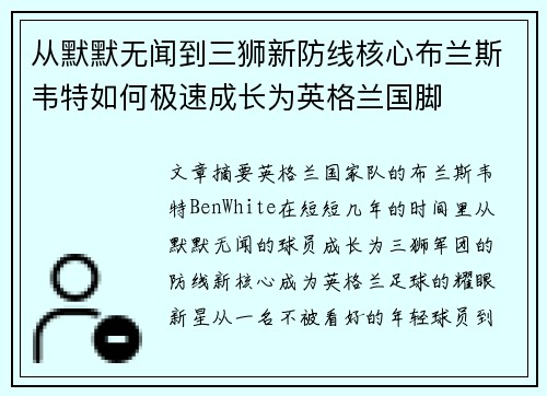 从默默无闻到三狮新防线核心布兰斯韦特如何极速成长为英格兰国脚